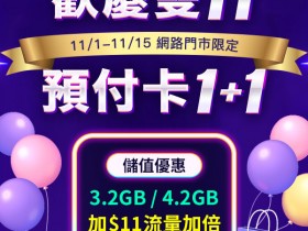 ▶中華電信網路門市雙11「預付卡4G網路」流量加倍，月月抽上網5倍贈！