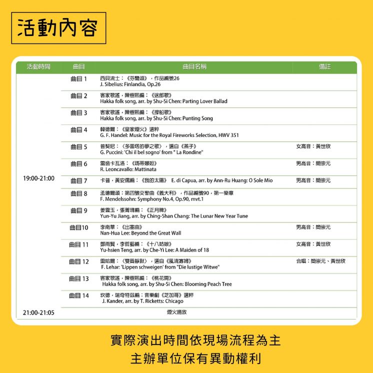2022台灣青年交響樂團花火音樂會表演節目表