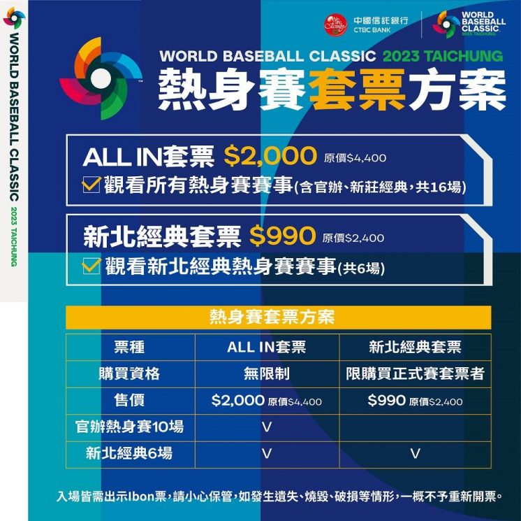 世界棒球經典賽-熱身賽購票方式：單場購票、套票方案