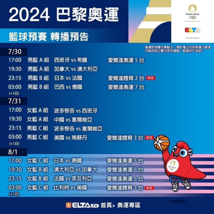 2024巴黎奧運賽程轉播