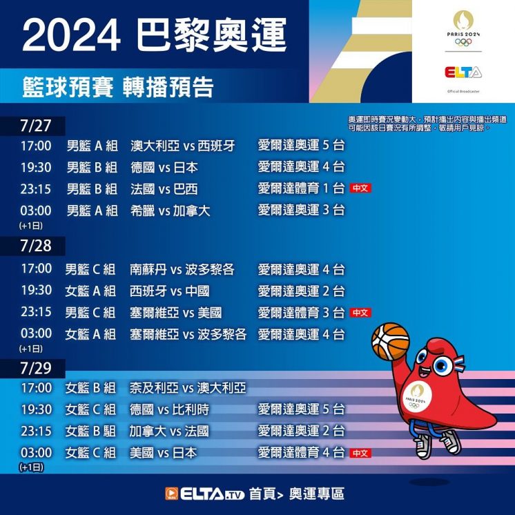 2024巴黎奧運賽程轉播