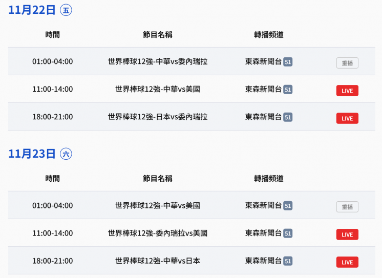 東森轉播時刻表