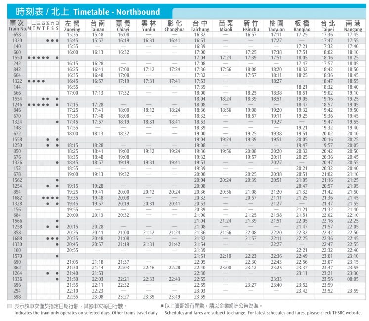 2026高鐵北上時刻表