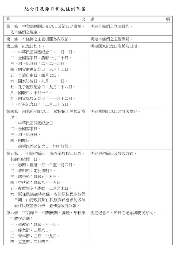 紀念日及節日實施條例草案