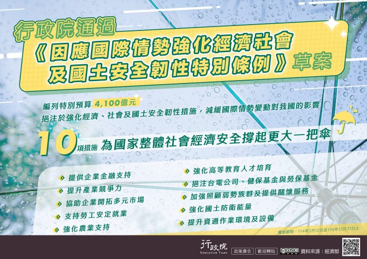 行政院因應國際情勢強化經濟社會及國土安全韌性特別條例草案