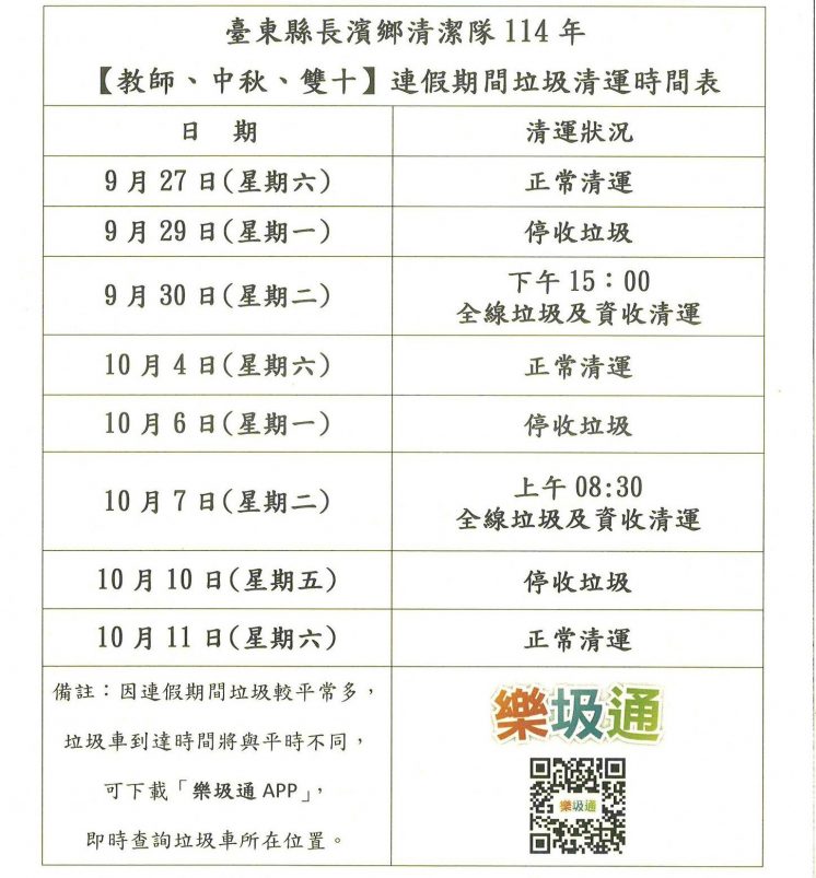 114長濱鄉教師節連假垃圾車