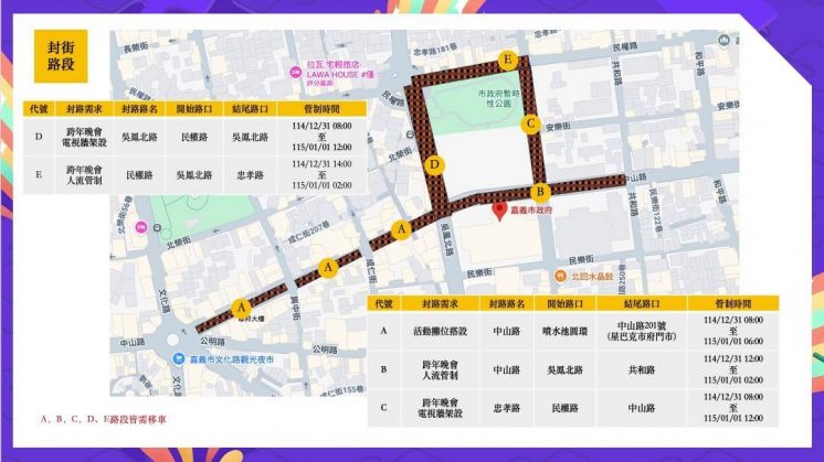 封街路段、管制時間及路段