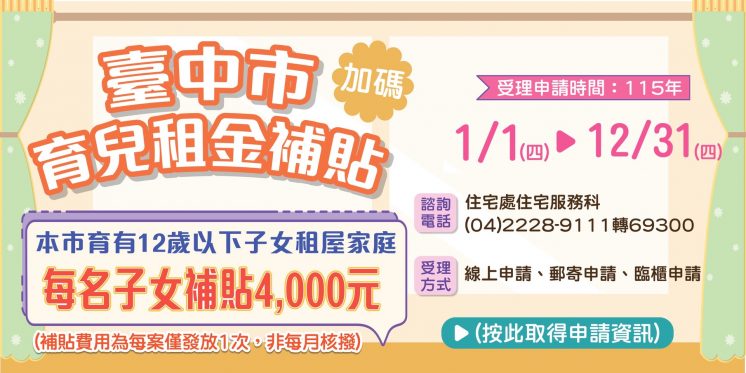 2026台中市育兒租金補貼