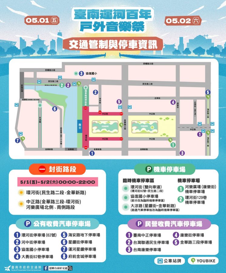 台南運河百年音樂祭交通管制圖、停車場位置