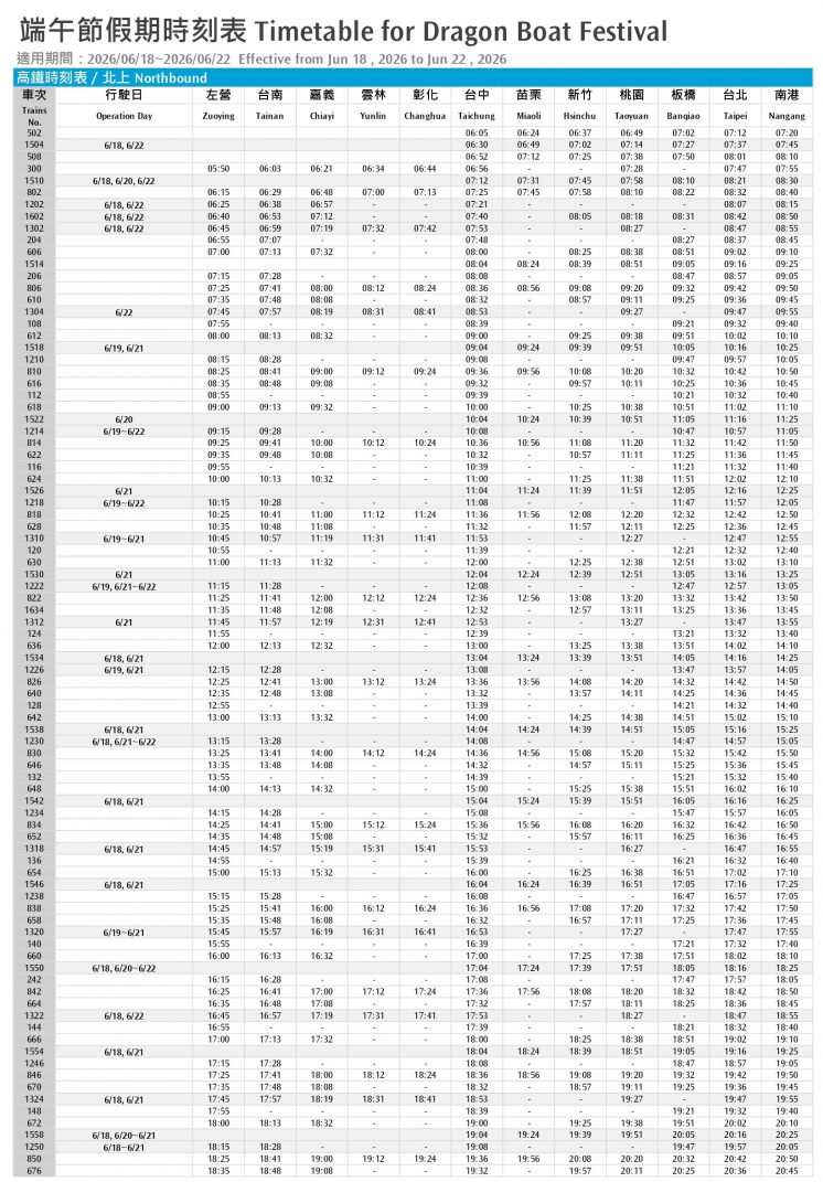 高鐵端午節北上時刻表