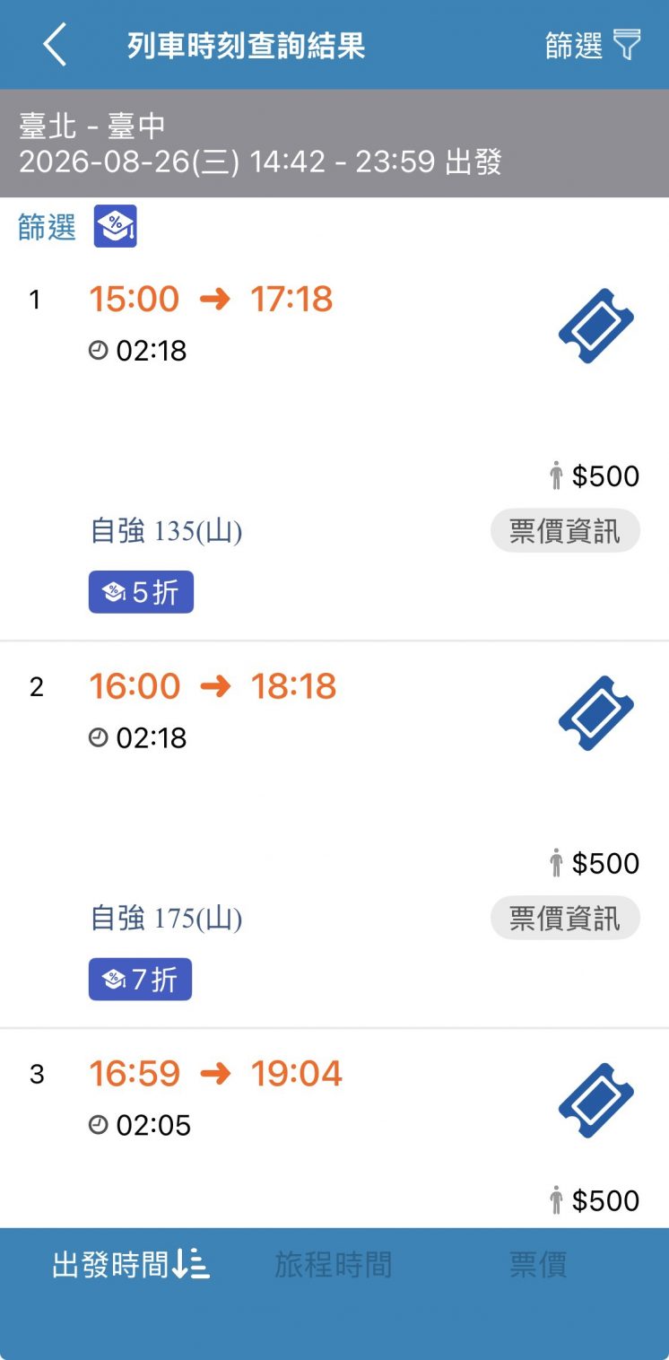 台鐵大學生優惠票價_查詢步驟5