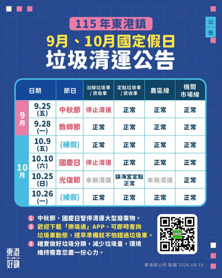 東港9月、10月國定假日垃圾清運公告