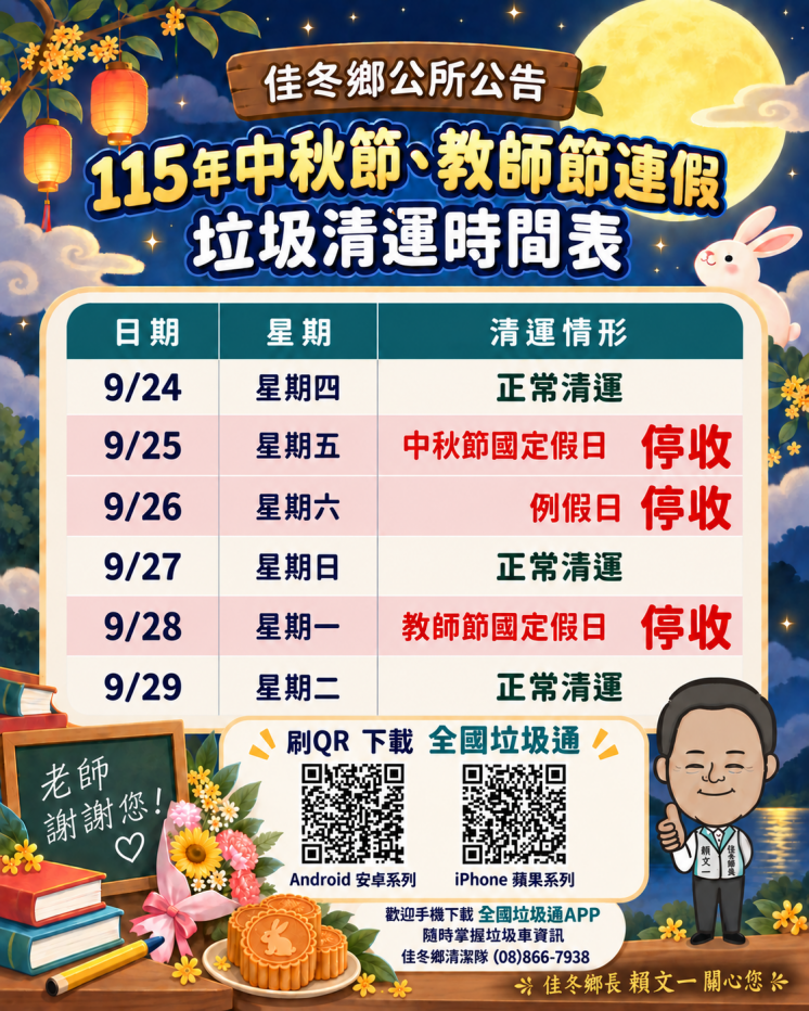 屏東佳冬鄉中秋節垃圾車