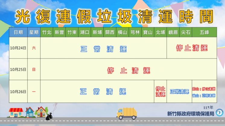 2026新竹縣光復節垃圾車時間表
