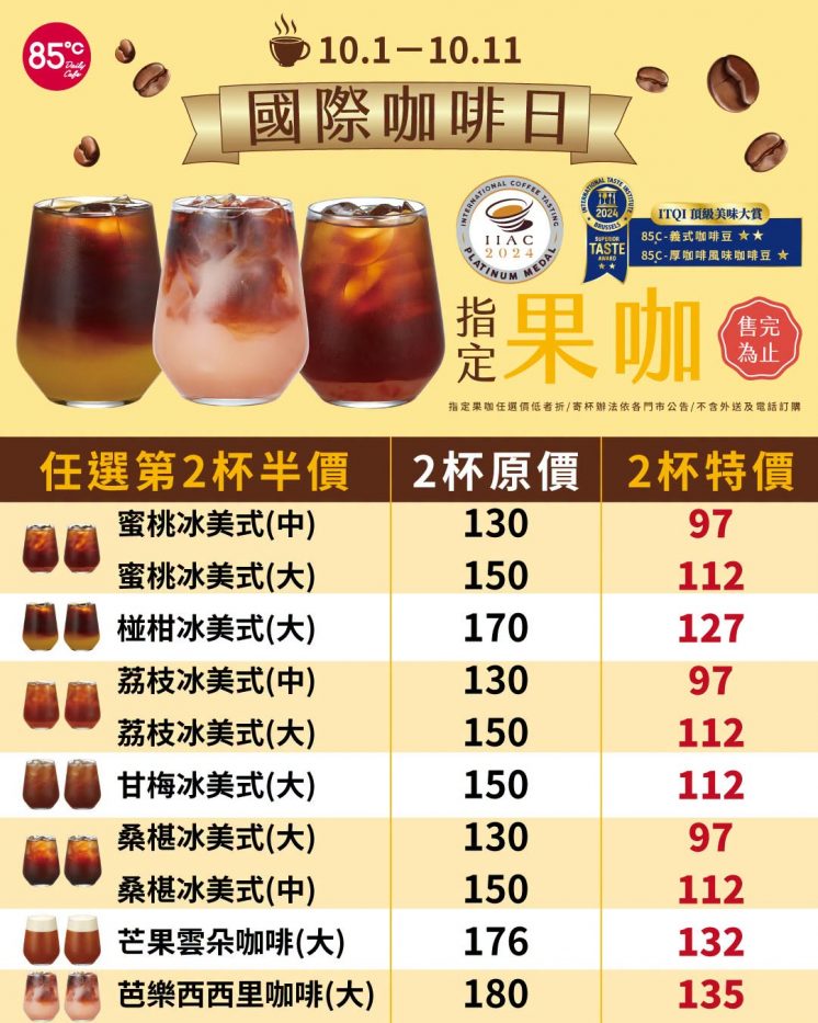 85度C國際咖啡日品項